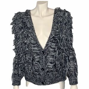 Shaggy black white 3 button cardigan deep V cardigan